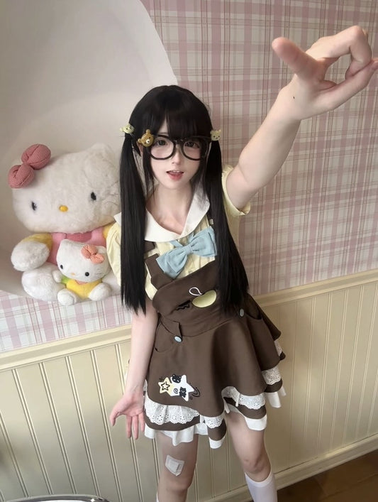 Brown Overall and with Dress Trim Lace Embroidery Bear