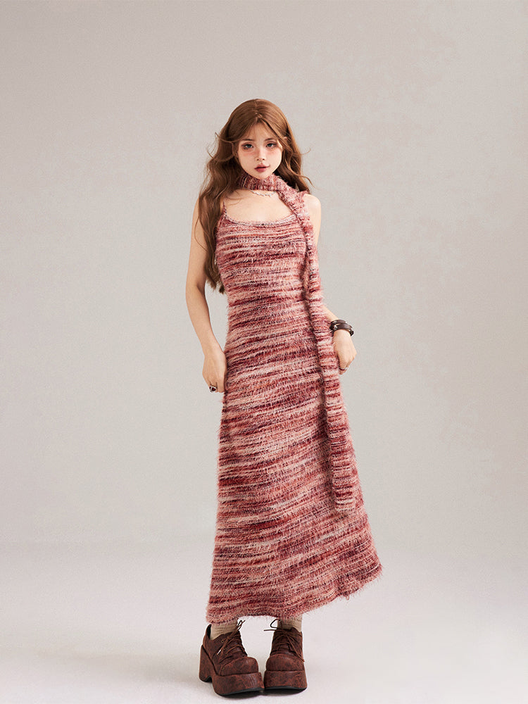 Hem Slip Dress Fringe Pink Striped Red Matching with Scarf Knit