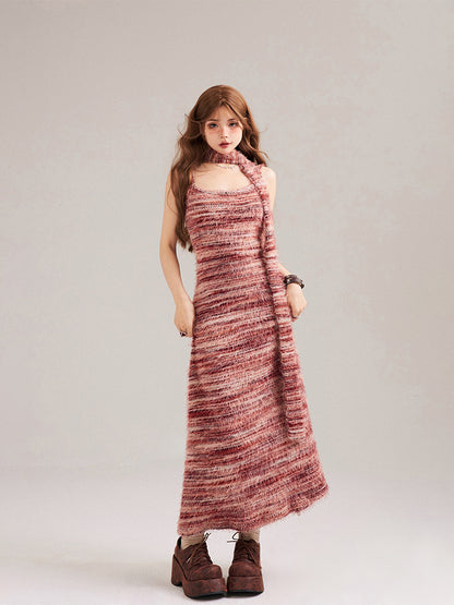 Hem Slip Dress Fringe Pink Striped Red Matching with Scarf Knit