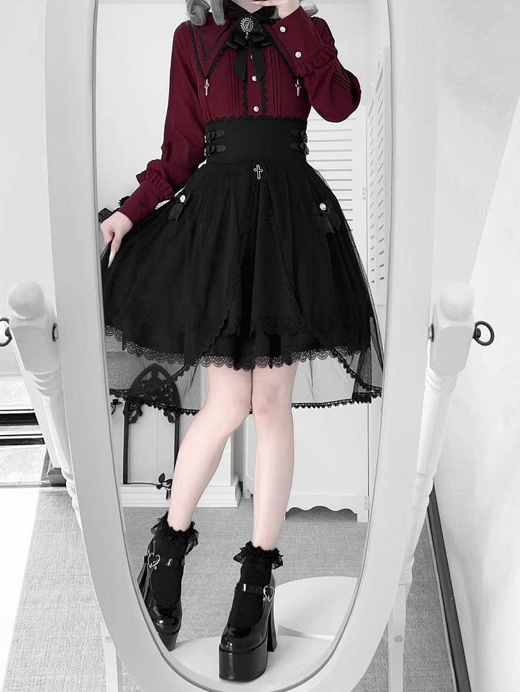 Jirai + Bow Skirt Sleeve Tulle Details Blouse Cross Lace Wine Set Kei Black with Red High-Waist Long Train Gothic