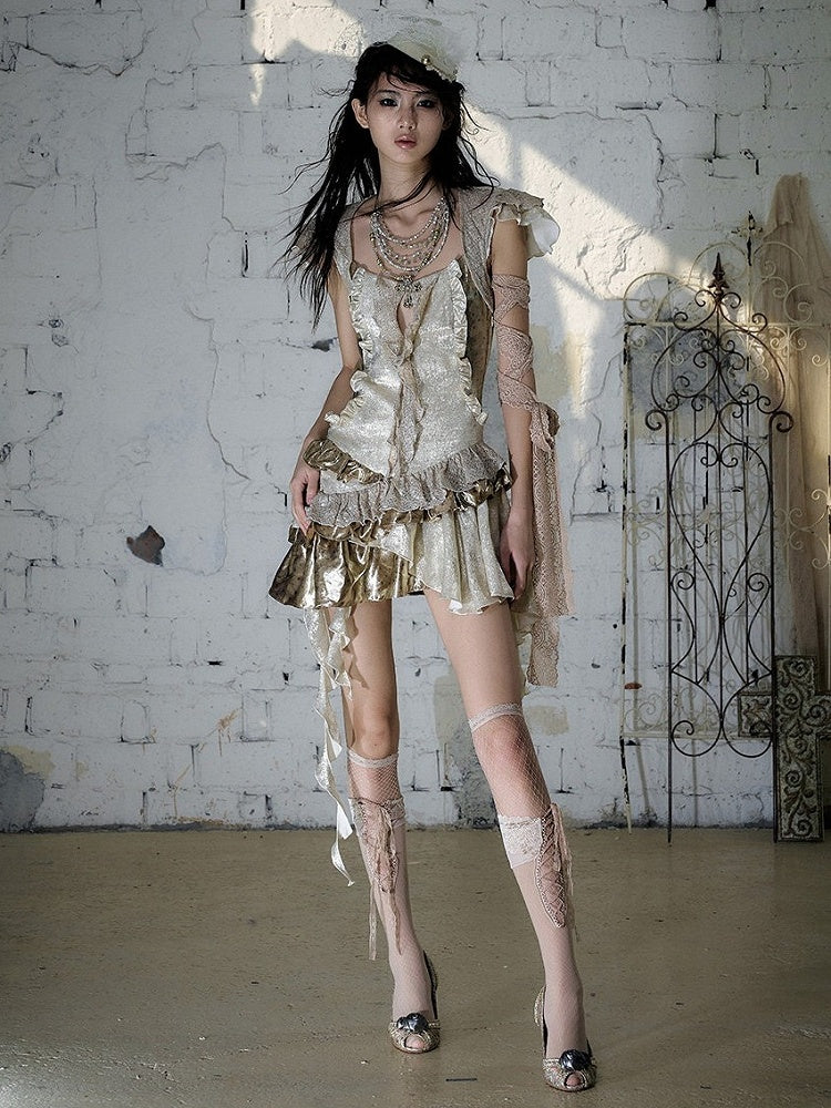 Gold Satin Two-Piece Asymmetrical Dress with Ruffle - NO ROMANCE