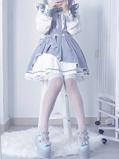 Heart Jirai Dusty Details Blue Decorated Kei Rhinestone Bowknot