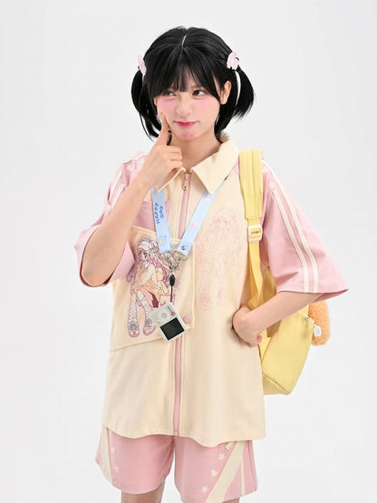 Beige and Pink Colorblock Design Shirt Anime Print Zip Bittersweet Closure Y2K