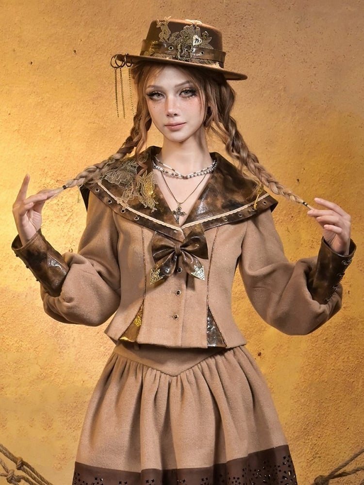 Lace Collar Applique Steampunk Embroidered Top PU with Khaki Sailor Brown