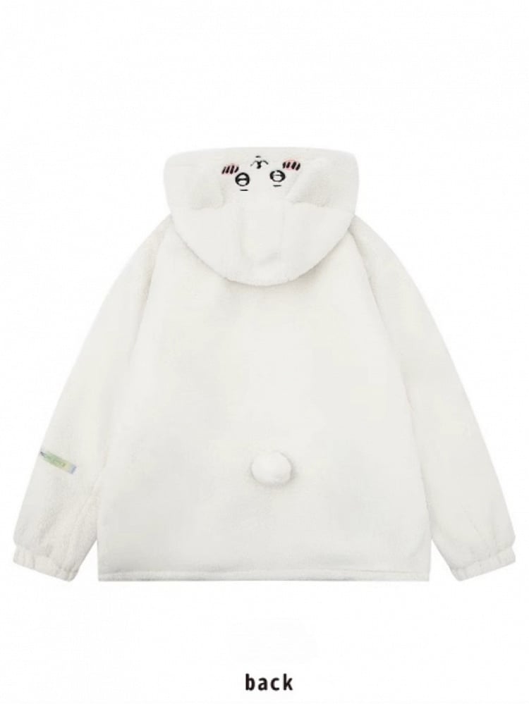 Fleece Cartoon White Hamster Coat Ears Hooded Print With