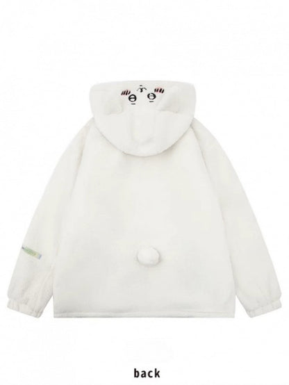 Fleece Cartoon White Hamster Coat Ears Hooded Print With