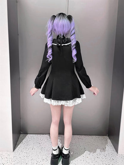 High Mini Coord mit Kleidschlitz Passendes Kei Black Set: Jirai Lace-Paneled Edgy Shorts