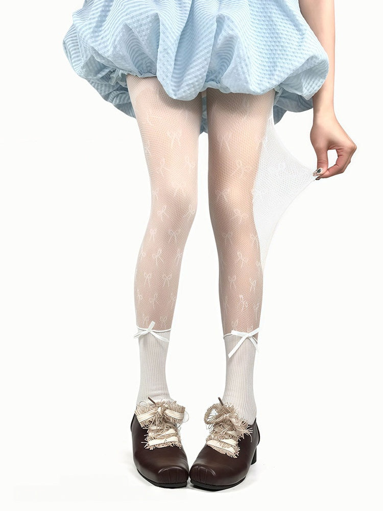 Tights Bow Black/White Fishnet Pattern Paneled