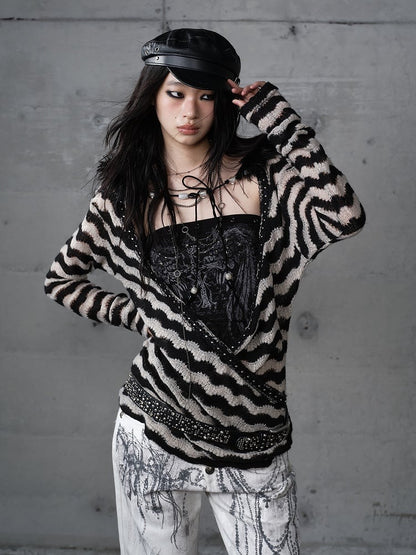 White with Vintage Set Deconstructed Fur Design Bustier Black Striped Top Faux Knit