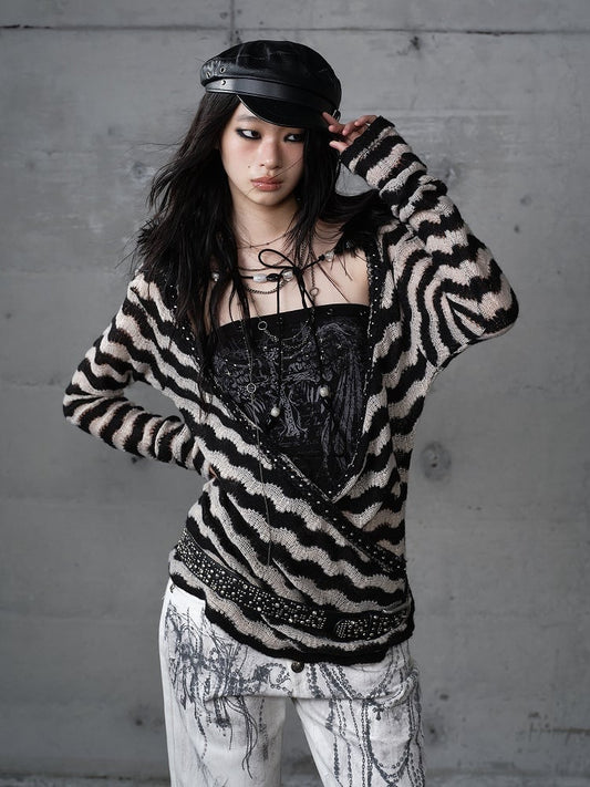 White with Vintage Set Deconstructed Fur Design Bustier Black Striped Top Faux Knit