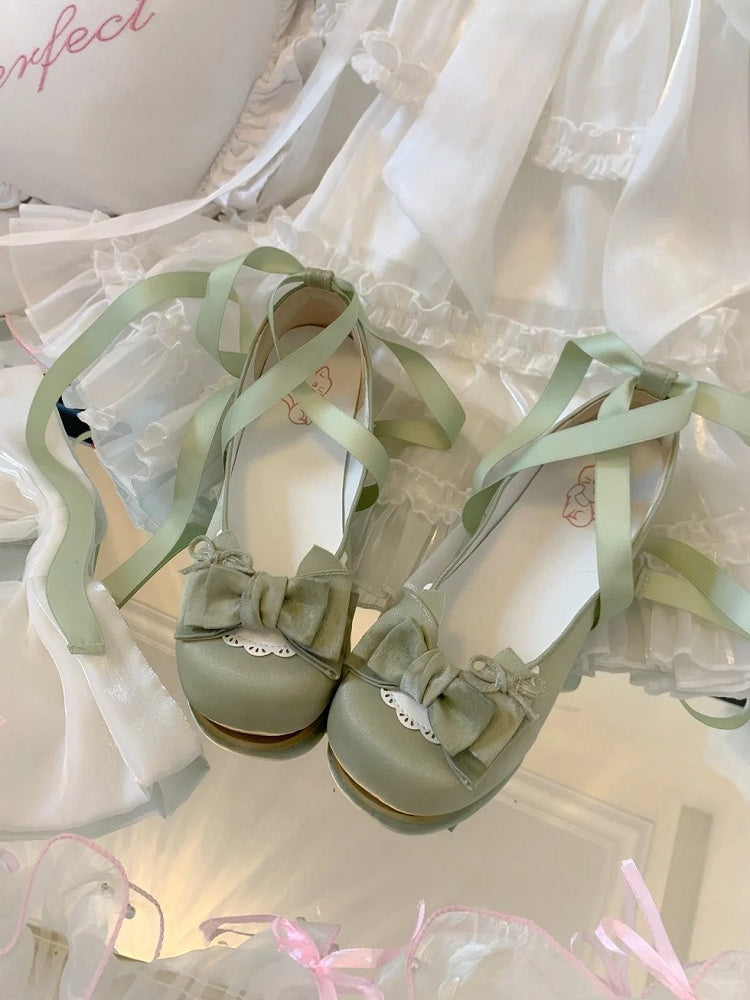 3.5cm Heeled Sweet Lolita Green Ballet Shoes - Bow at Top & Wrap-Around Ankle Tie