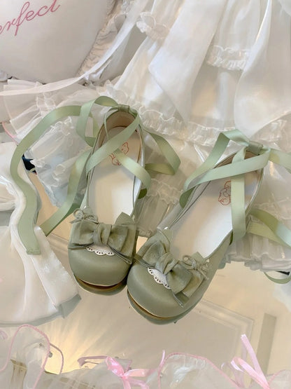 3.5cm Heeled Sweet Lolita Green Ballet Shoes - Bow at Top & Wrap-Around Ankle Tie