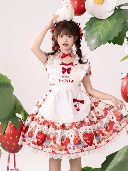 Frühlings-Erdbeer- und Kaninchen-Print, Spitzenbesatz, Schleife, Akzente, Beige, süßes Lolita-Kleid, einteilig