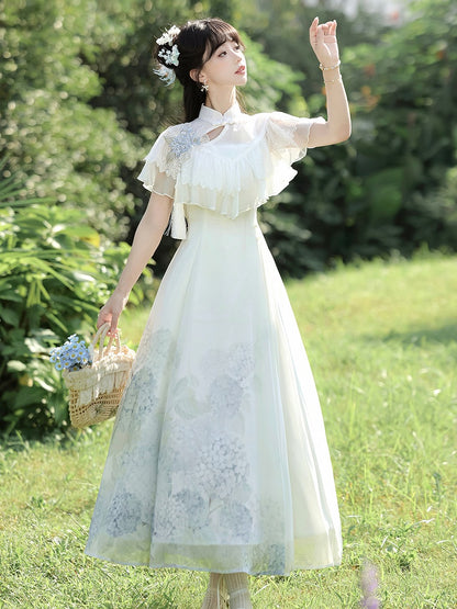 Lace Lolita White with Dress Shawl Classic Hydrangea Print Elegant