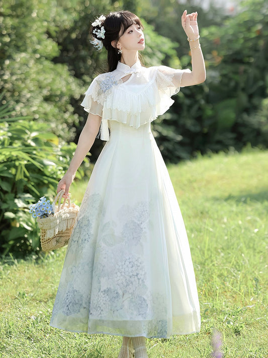 Lace Lolita White with Dress Shawl Classic Hydrangea Print Elegant