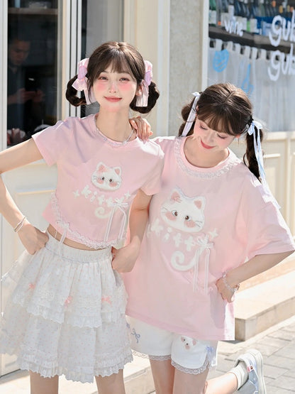 バージョンTシャツ 猫アップリケ ロング/ショート ピンク プラッシュ