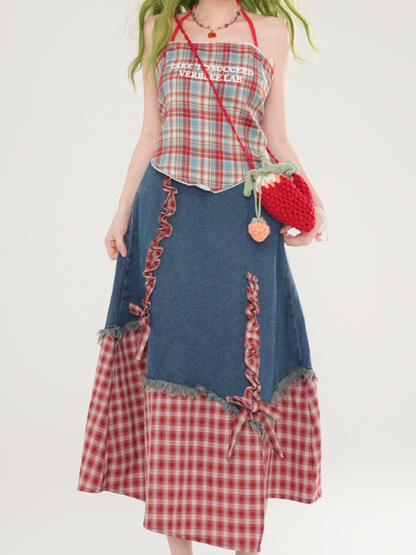 Denim Mit Patchwork Kleid Blaue Träger Rot Marine Selbstbinden Plaid Und