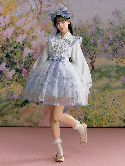 Purple Hanfu-Inspired Chinese Style Long Sleeve Top with Floral Print - Yimu Walnut