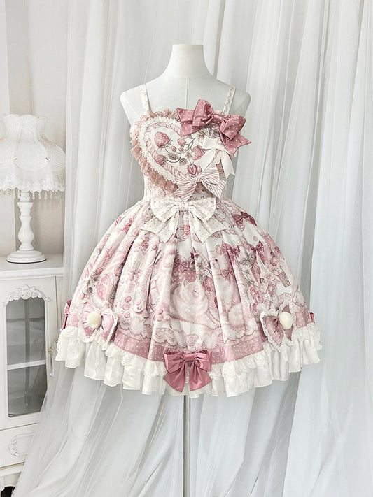 Bow Lolita Strawberry Sweet with Pink Print Jumper Skirt Accents and Kitty