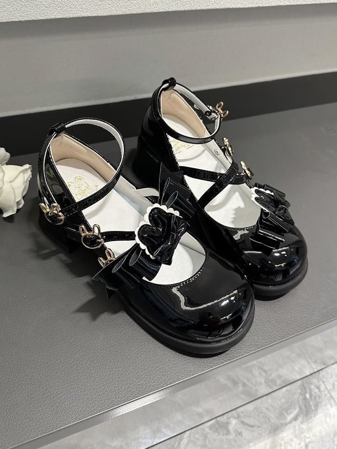 Round Heels Motif Bow Toe Black Sweet Leather Crisscross with - Mid Bunny PU Lolita Details