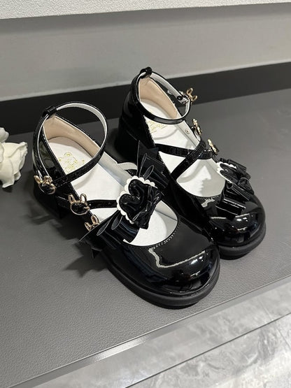 Round Heels Motif Bow Toe Black Sweet Leather Crisscross with - Mid Bunny PU Lolita Details