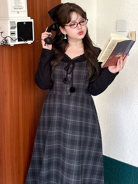 Plus Size Dusty Blue High Waist Plaid Pattern Woolen Overall Dress