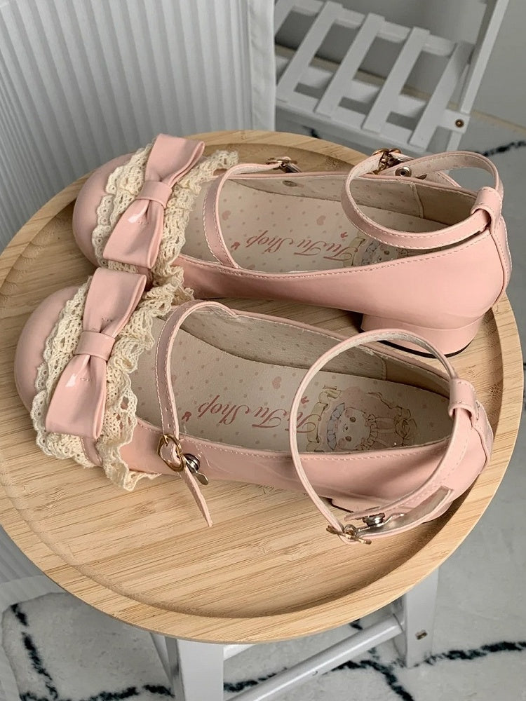 Round Trim Bow Lace Sweet Top Low Heels Pink at Toe with