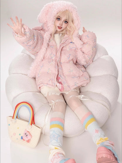 Milchweiß/Rosa dicke Kapuzenjacke mit Sternen und Schleifen