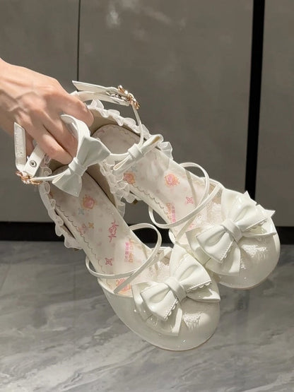 Bow Design White with Mid-heel Sweet Embellishments - Mary Janes Lolita