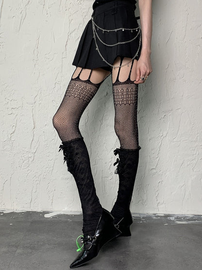 Pattern Floral Stockings Underknee Y2K Bowknot Black Semi-sheer Details