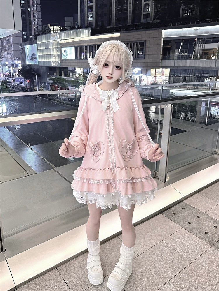 Tiered Pink Sweet | Hoodie Ruffles Kei Dress Heart Pockets Jirai Bunny-Eared