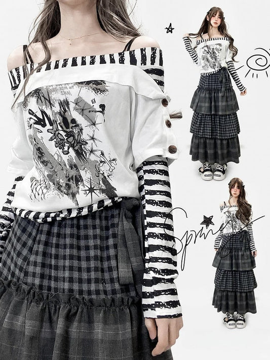 Gestreifte Ärmel WeißSchwarz Top Design Druckmuster Ausschnitt Lang Off-the-shoulder