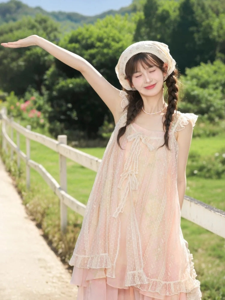 Slip Overdress Dress+Flutter Sleeves Neck Tiered Two-pieces Skirt Polka-dot Yume Kawaii Pink Set-	Halter