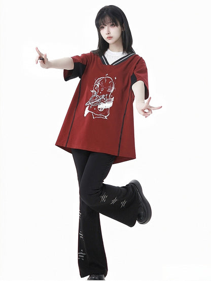 Two-pieces Neck Blue/Red Round Faux Light Graphic T-Shirt