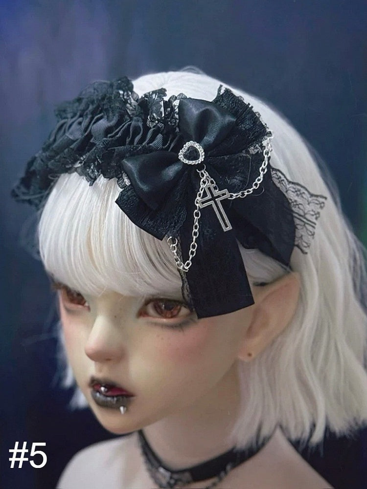 Gothic KC Headband with Cross and Bow Accents - Strange Sugar