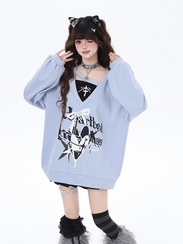 スウェットシャツ Vネック ハート＆リボンプリント ルーズ ツーピース ビタースウィート ブラック/ブルー フェイク