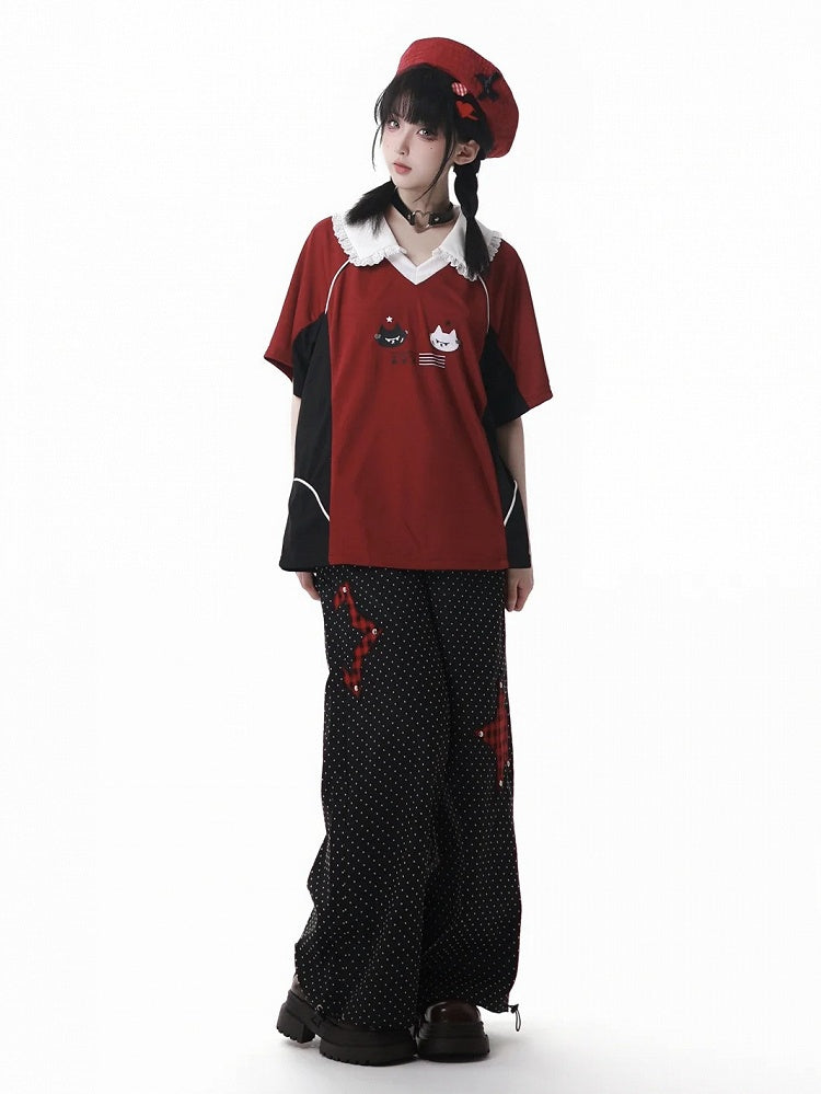 Cuffs Dot Casual Pants Red Plaid Star Applique Drawstring Black Polka