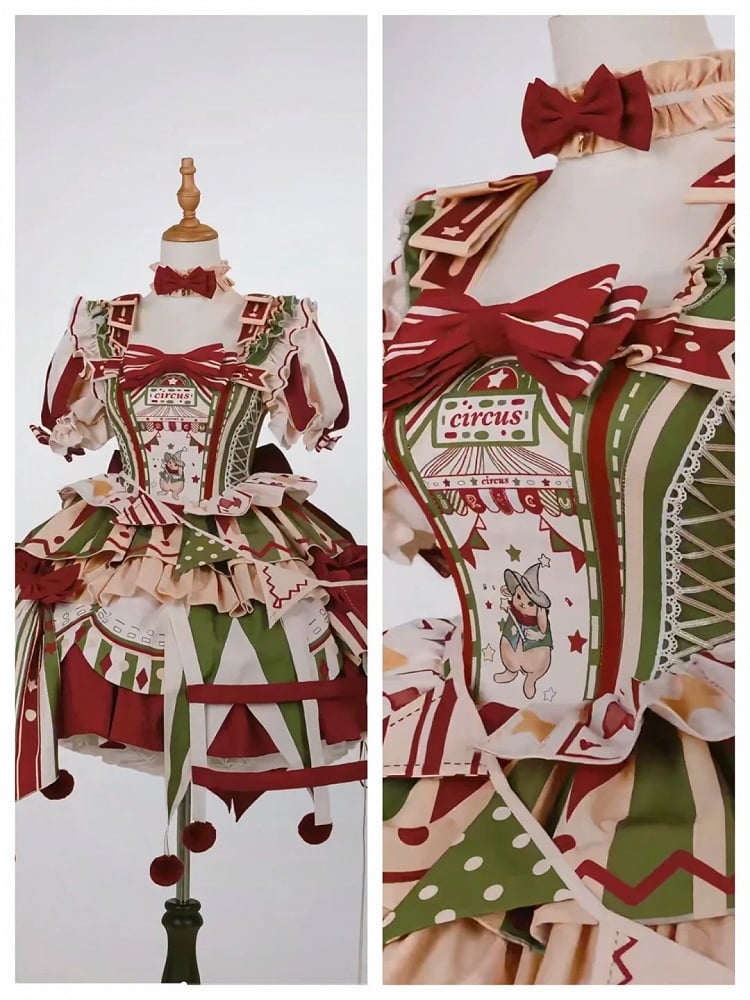 Lolita with Circus Puff Red Embroidery Bunny and Jumper Detachable Sleeves Skirt Dress Green Sweet
