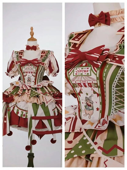 Lolita with Circus Puff Red Embroidery Bunny and Jumper Detachable Sleeves Skirt Dress Green Sweet