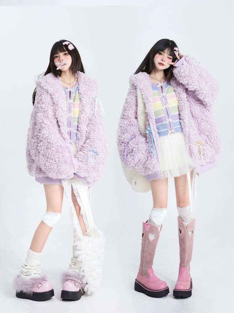 Coat Ribbon Design Zip-Up with Purple Hoodie Bows Plush