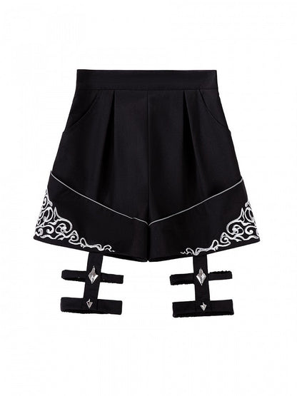 Design Asymmetrical Black Embroidered with Ribbon + Top Garters Ouji Shorts Lolita Silver