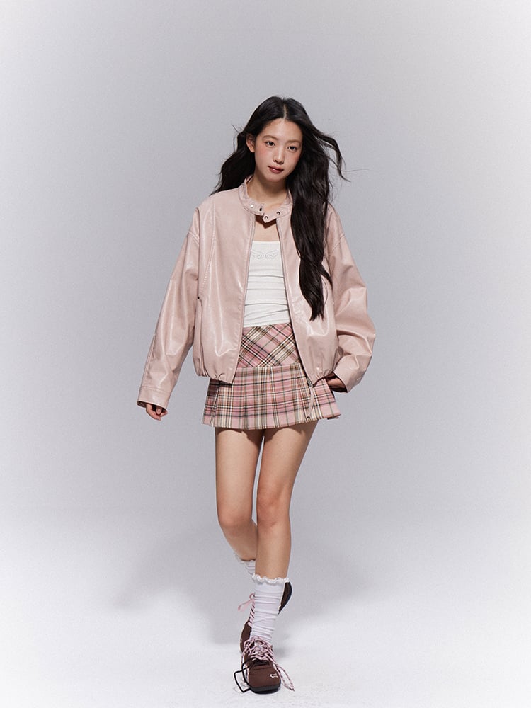 Plaid Lined Pleat Preppy Zipper Style Side Box A-Line Silhouette Pink with Skirt Mini