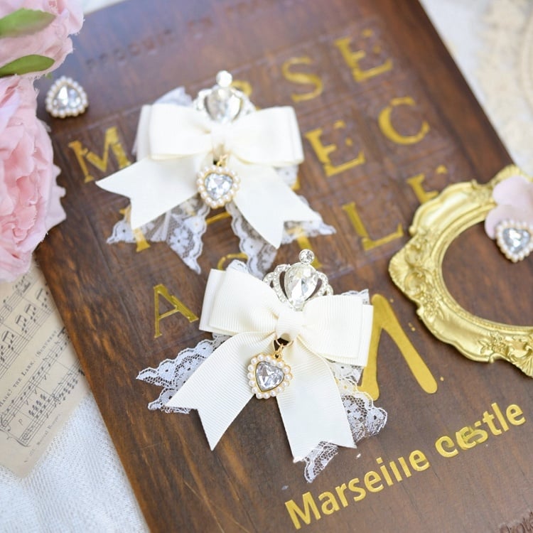 Jirai Kei Bow Hair Clips with Rhinestone Crown and Heart Charms