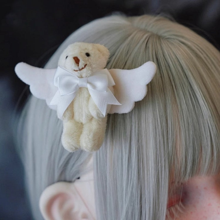 White Angel Wing Beige Teddy Bear Bow Hairclip