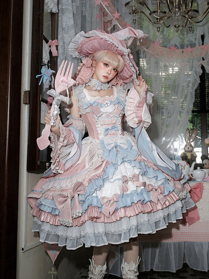 Witch-Themed Lolita JSK Full Ensemble in Pink and Blue with Bow Train, Cape, Detachable Sleeves, Hat and Outer Sleeves - Felinae Cookie