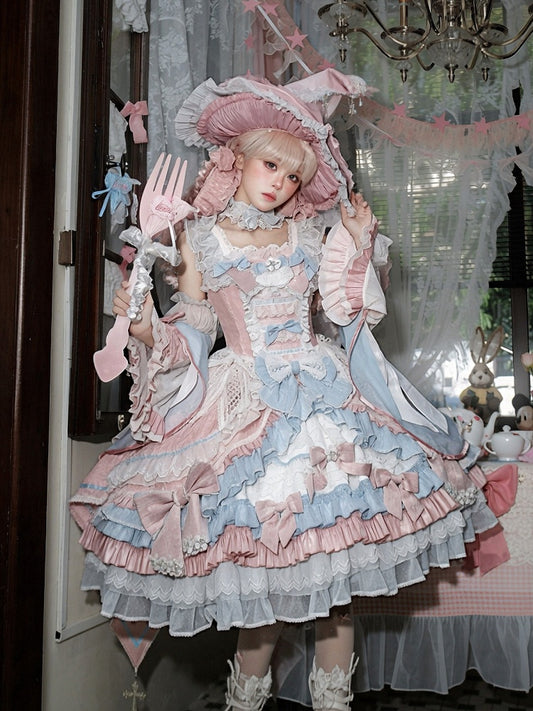 Witch-Themed Lolita JSK Full Ensemble in Pink and Blue with Bow Train, Cape, Detachable Sleeves, Hat and Outer Sleeves - Felinae Cookie