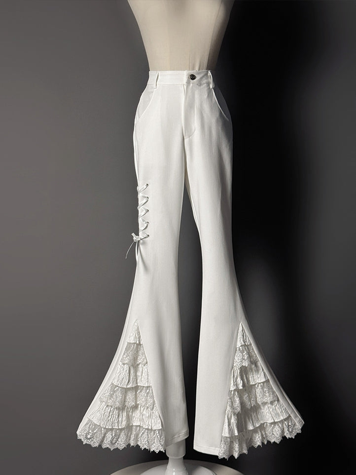 レースパッチフレアカフスパンツホワイトティアード