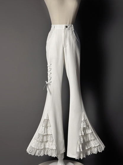 レースパッチフレアカフスパンツホワイトティアード