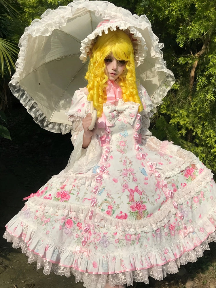 Sweet Floral Old-School OP Dress with Puff Sleeves & Tiered Skirt - Cat Magician