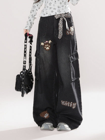 Cat Decoration Cargo Jeans with Leopard Print Lace-Up - Rayohopp